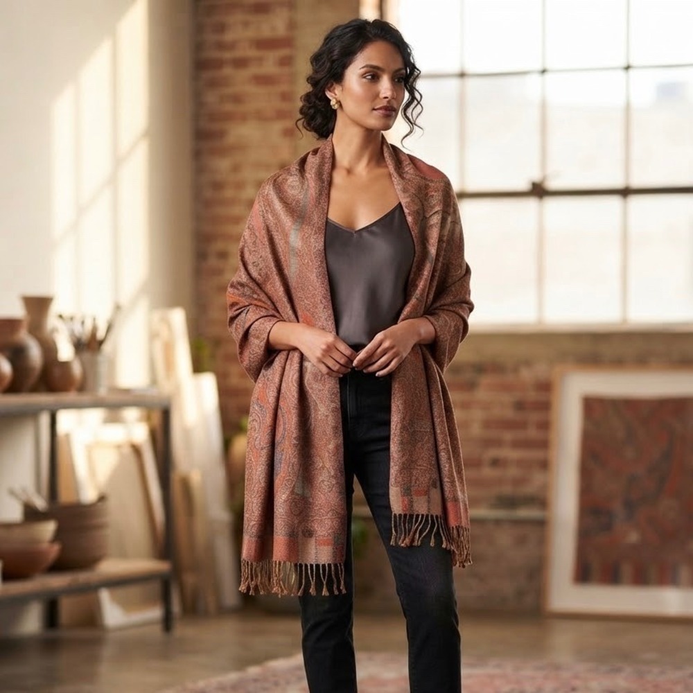 Essential Classics 100% Wool Paisley Shawl Wrap Scarf Fringed Orange Terracotta